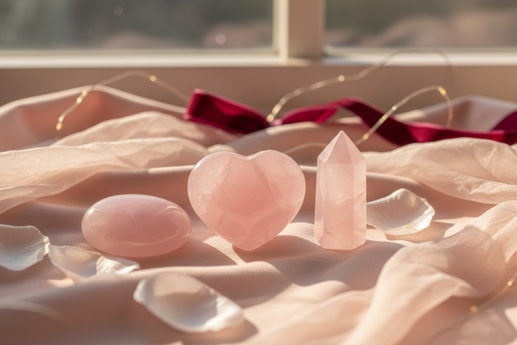 Make a picture of a rose quartz heart a small rose quartz tower and a rose quartz palm stone. Allow the picture to have a romantic vibe as this is a valentines bundle
